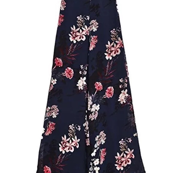 ZARA navy blue pink floral flower chiffon wide leg slit hem pants Sz M - Picture 3 of 14
